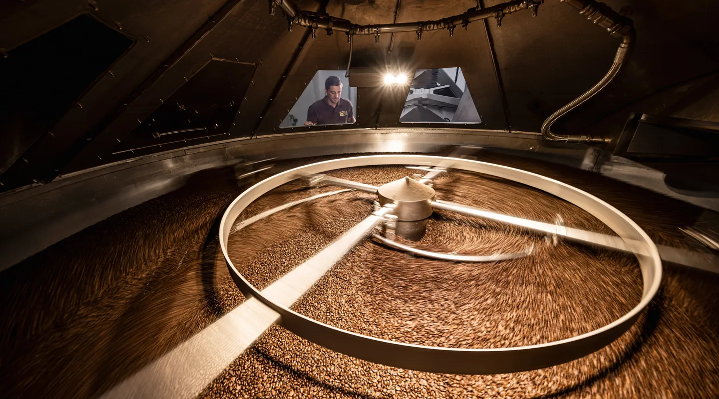 Top view inside rotating industrial coffee roaster with beans, roastmaster observing the process